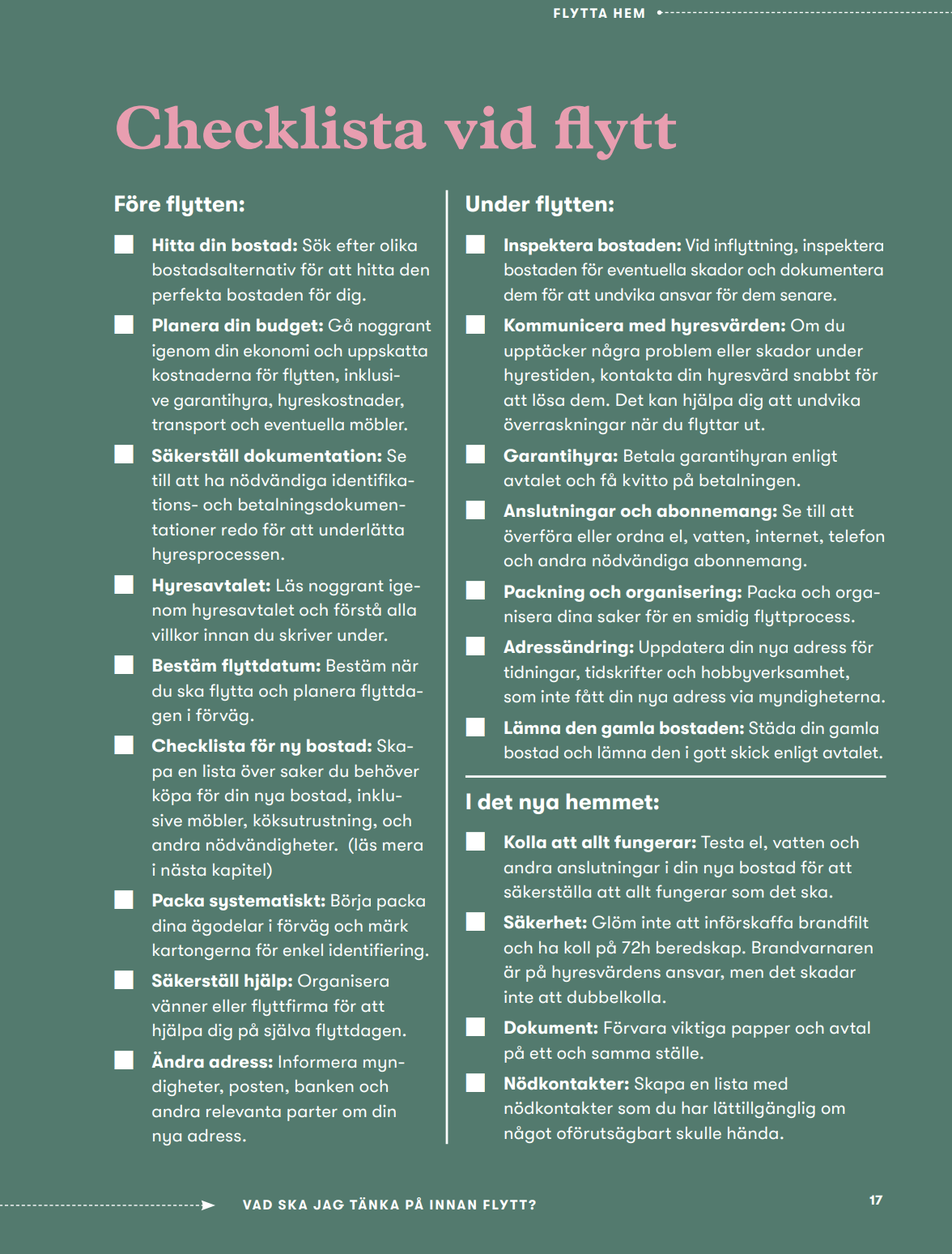 Checklista vid flytt / FLytta hemifrån / flytta hem